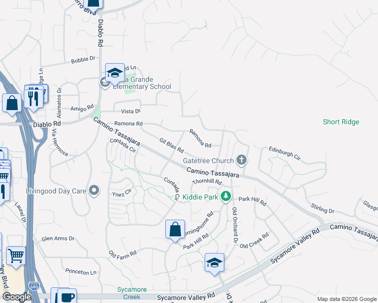 map of restaurants, bars, coffee shops, grocery stores, and more near 275 Gil Blas Road in Danville