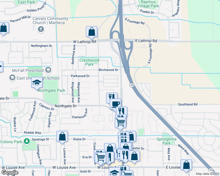 map of restaurants, bars, coffee shops, grocery stores, and more near 198 Ravenstone Way in Manteca