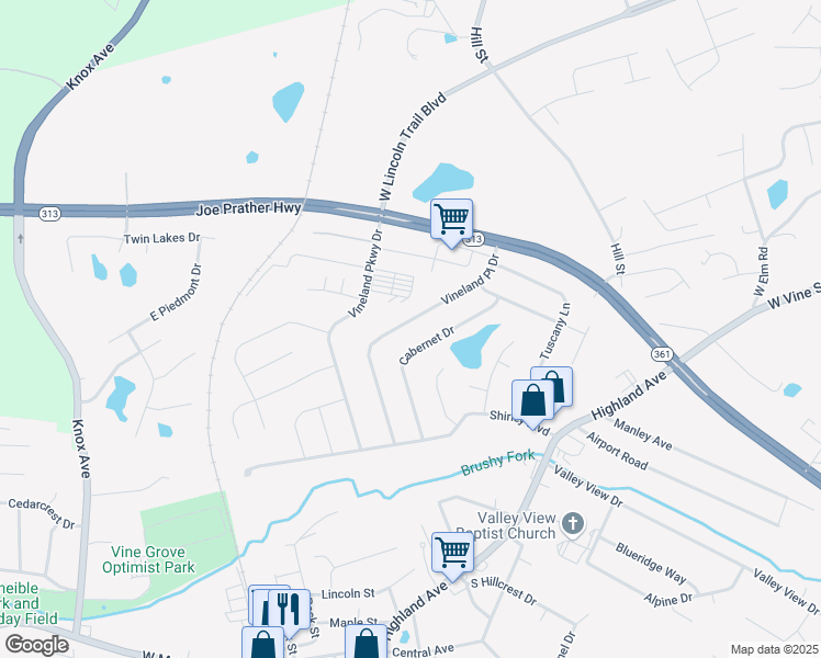 map of restaurants, bars, coffee shops, grocery stores, and more near 328 Vineland Place Drive in Vine Grove