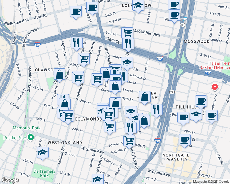 map of restaurants, bars, coffee shops, grocery stores, and more near 3001 San Pablo Avenue in Oakland
