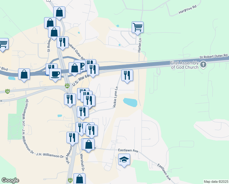 map of restaurants, bars, coffee shops, grocery stores, and more near 176 Vickie Lynn Lane in Saint Robert