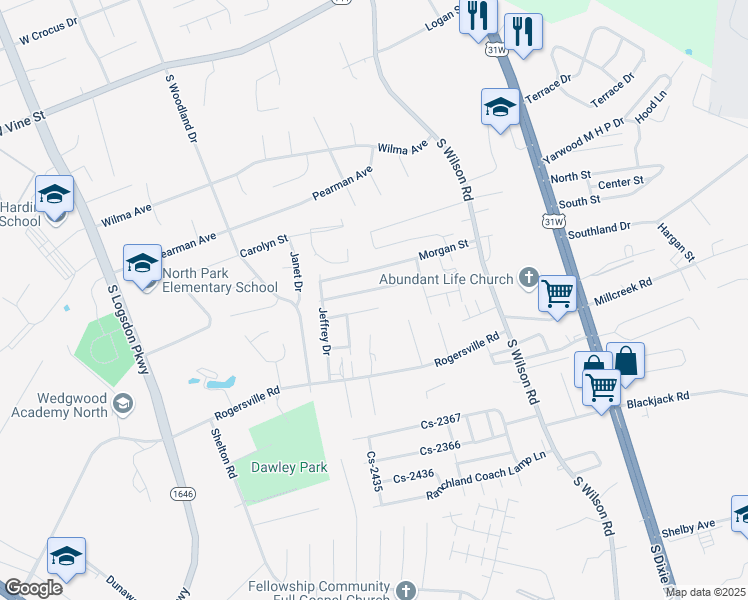 map of restaurants, bars, coffee shops, grocery stores, and more near 245-299 Leah Way in Radcliff