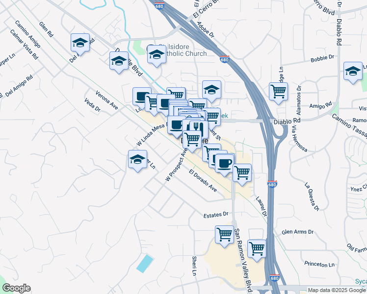 map of restaurants, bars, coffee shops, grocery stores, and more near 185 Railroad Avenue in Danville