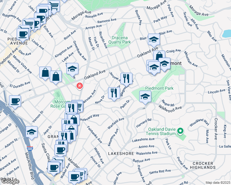 map of restaurants, bars, coffee shops, grocery stores, and more near 124 Arbor Drive in Piedmont