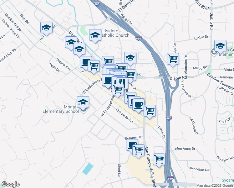 map of restaurants, bars, coffee shops, grocery stores, and more near 185 Railroad Avenue in Danville