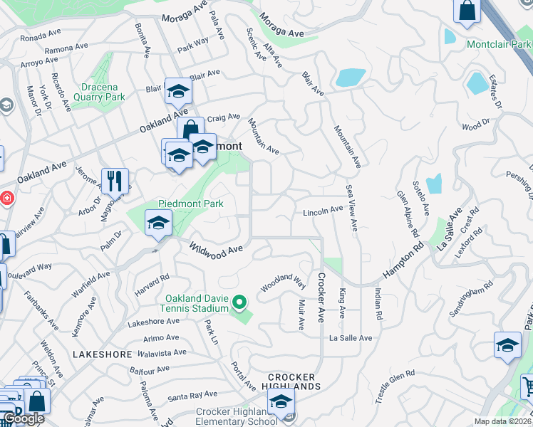 map of restaurants, bars, coffee shops, grocery stores, and more near 132 Caperton Avenue in Piedmont