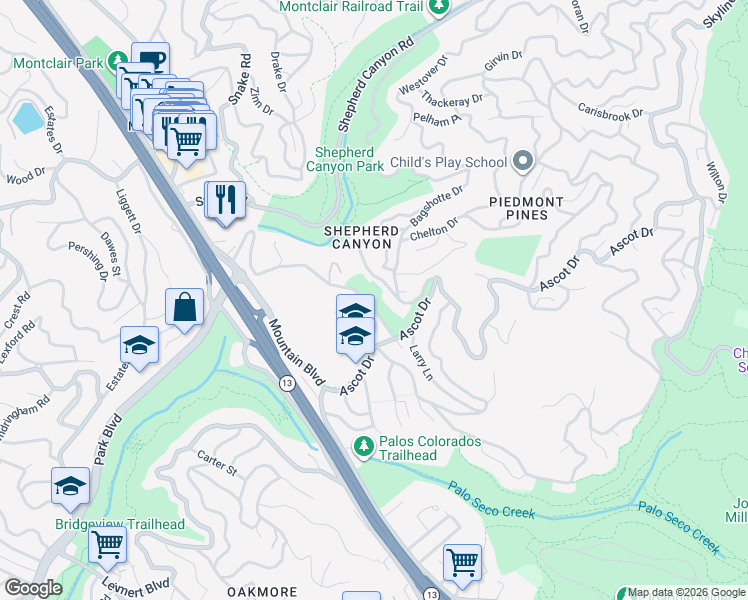 map of restaurants, bars, coffee shops, grocery stores, and more near 5691 Chelton Drive in Oakland