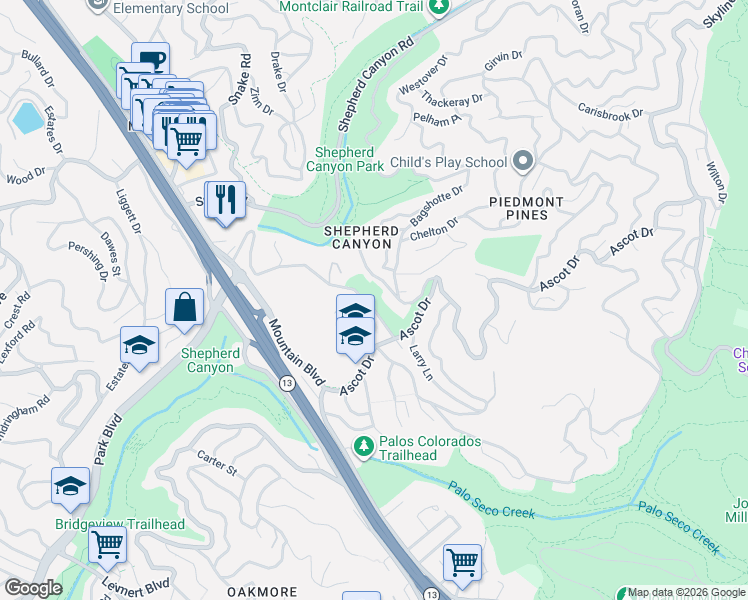 map of restaurants, bars, coffee shops, grocery stores, and more near Scout Road in Oakland