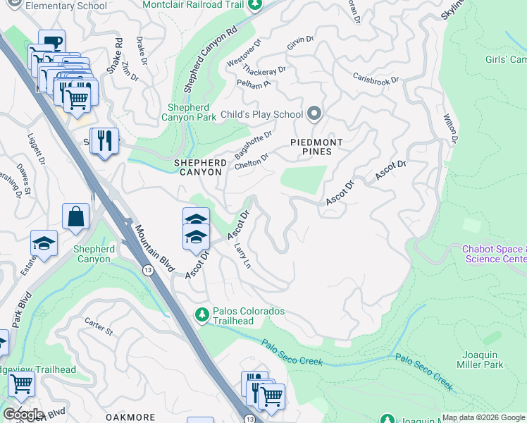 map of restaurants, bars, coffee shops, grocery stores, and more near 5847 Ascot Drive in Oakland