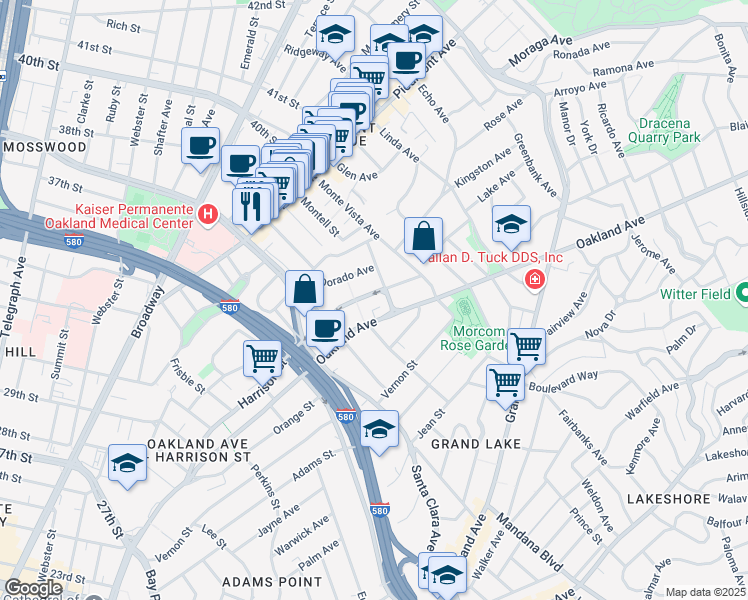 map of restaurants, bars, coffee shops, grocery stores, and more near 3806 Harrison Street in Oakland