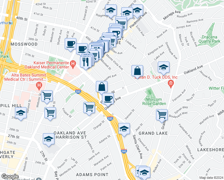 map of restaurants, bars, coffee shops, grocery stores, and more near in Oakland