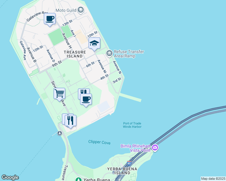 map of restaurants, bars, coffee shops, grocery stores, and more near Avenue M in San Francisco