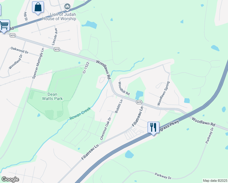 map of restaurants, bars, coffee shops, grocery stores, and more near 1070-1086 Woodlawn Road in Bardstown