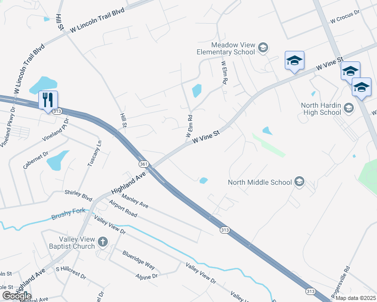 map of restaurants, bars, coffee shops, grocery stores, and more near 1921 W Vine St in Vine Grove