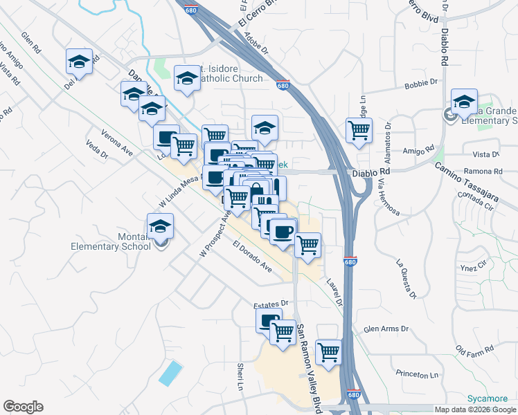 map of restaurants, bars, coffee shops, grocery stores, and more near 438 Hartz Avenue in Danville