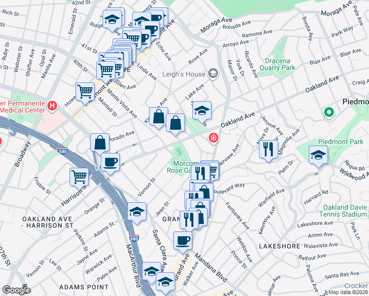 map of restaurants, bars, coffee shops, grocery stores, and more near 101-285 Olive Ave in Piedmont