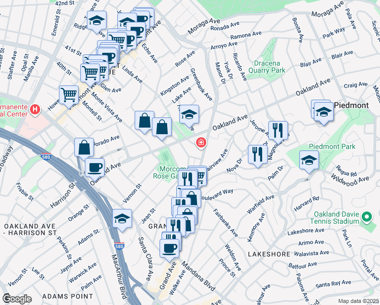 map of restaurants, bars, coffee shops, grocery stores, and more near 235 Sunnyside Avenue in Piedmont
