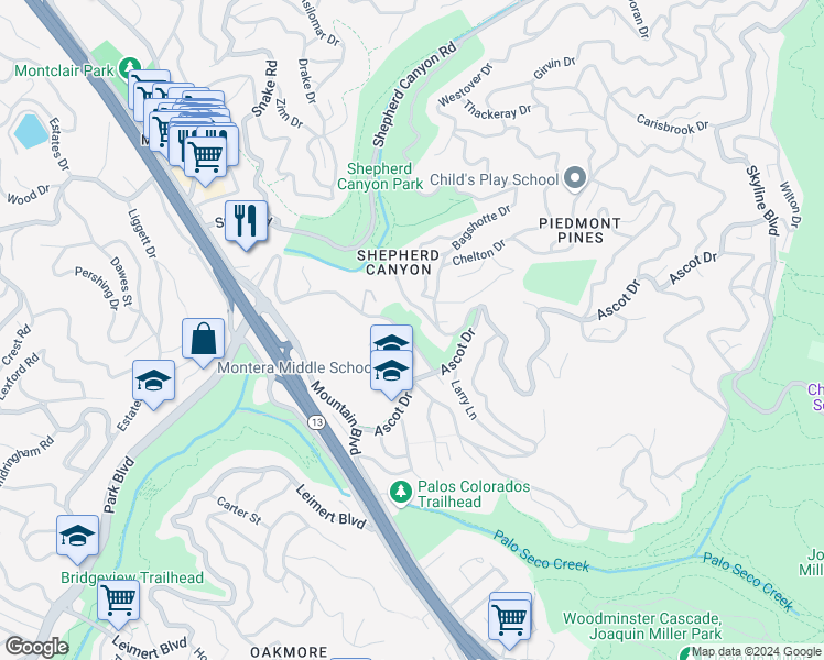 map of restaurants, bars, coffee shops, grocery stores, and more near Scout Road in Oakland