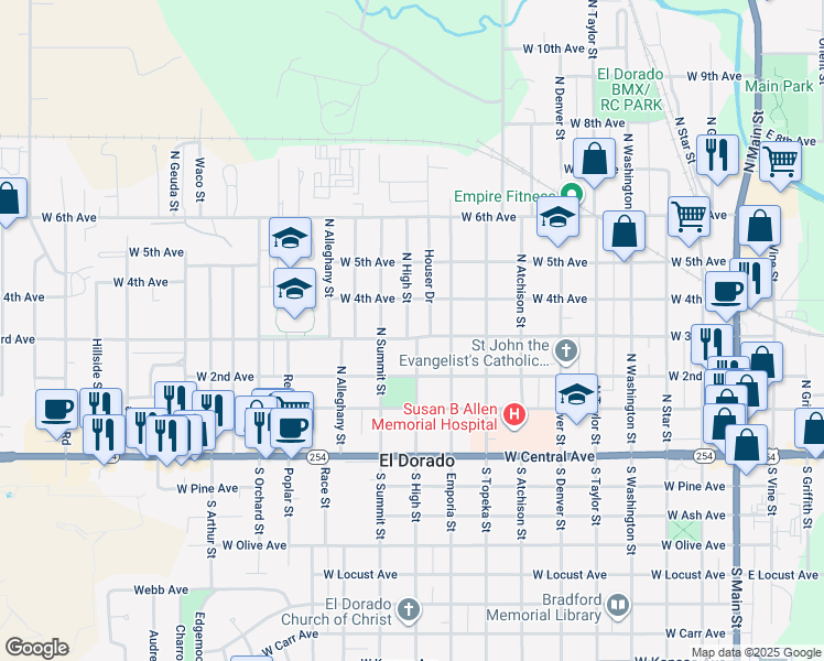 map of restaurants, bars, coffee shops, grocery stores, and more near 938 West 3rd Avenue in El Dorado