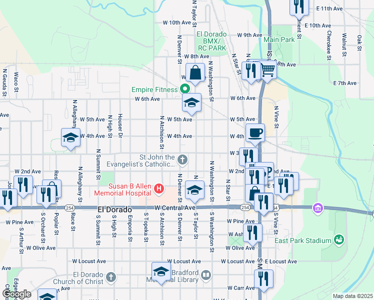map of restaurants, bars, coffee shops, grocery stores, and more near 521-599 West 3rd Avenue in El Dorado