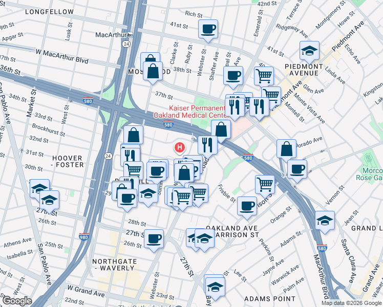 map of restaurants, bars, coffee shops, grocery stores, and more near 3300 Webster Street in Oakland