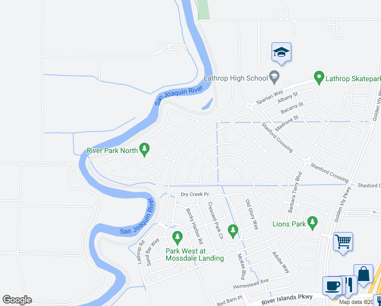 map of restaurants, bars, coffee shops, grocery stores, and more near 1008 Osprey Drive in Lathrop