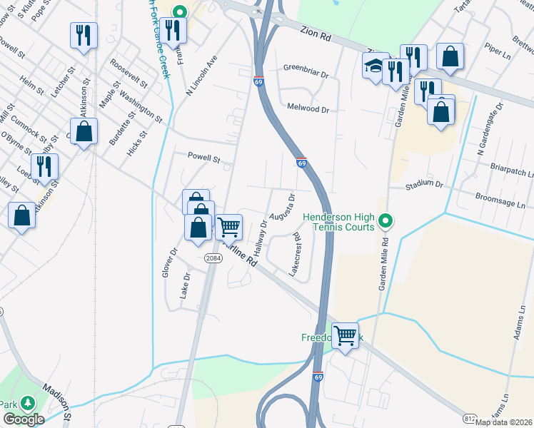 map of restaurants, bars, coffee shops, grocery stores, and more near 2155 Augusta Drive in Henderson