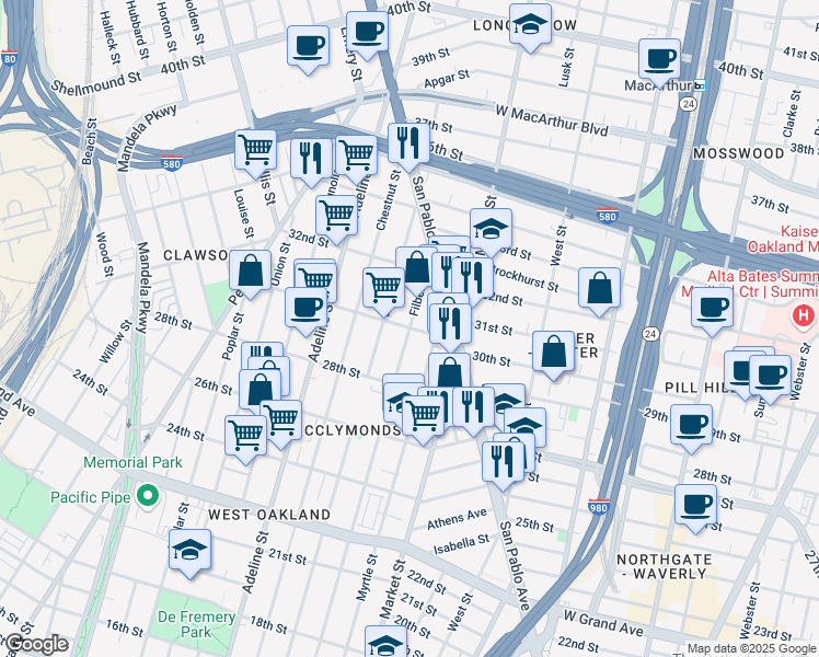 map of restaurants, bars, coffee shops, grocery stores, and more near Filbert St & 30th St in Oakland