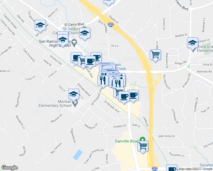 map of restaurants, bars, coffee shops, grocery stores, and more near in Danville