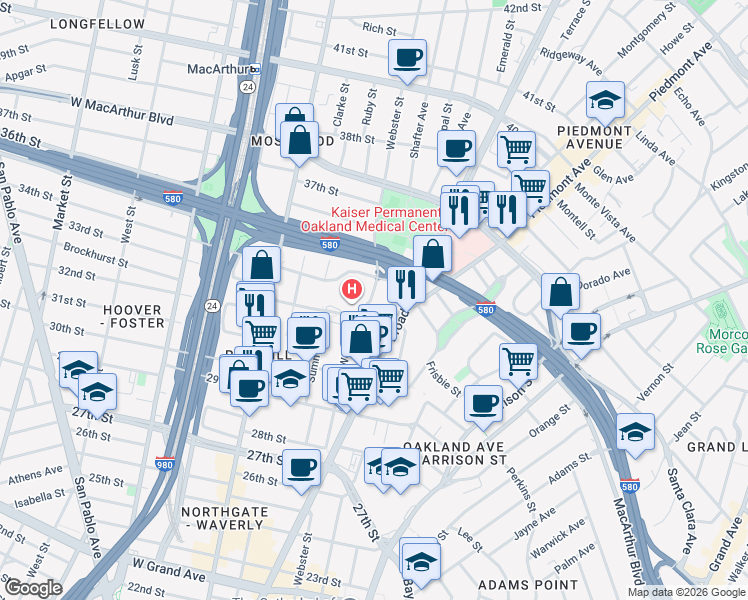 map of restaurants, bars, coffee shops, grocery stores, and more near 3300 Webster Street in Oakland