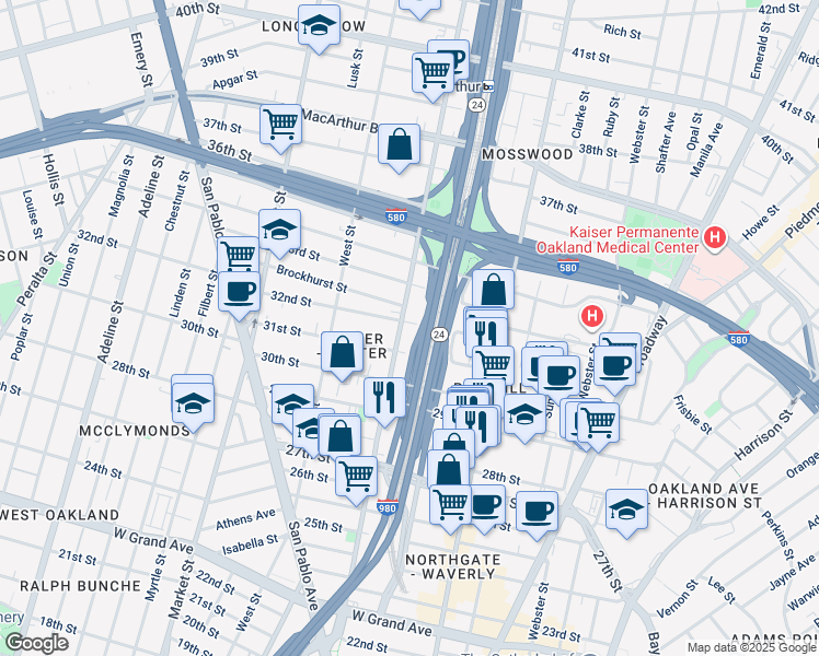 map of restaurants, bars, coffee shops, grocery stores, and more near 601 32nd Street in Oakland
