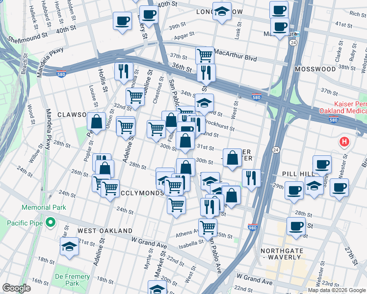 map of restaurants, bars, coffee shops, grocery stores, and more near in Oakland