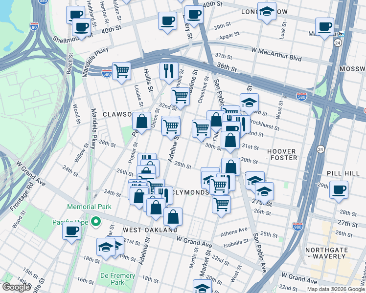 map of restaurants, bars, coffee shops, grocery stores, and more near 2842 Adeline Street in Oakland