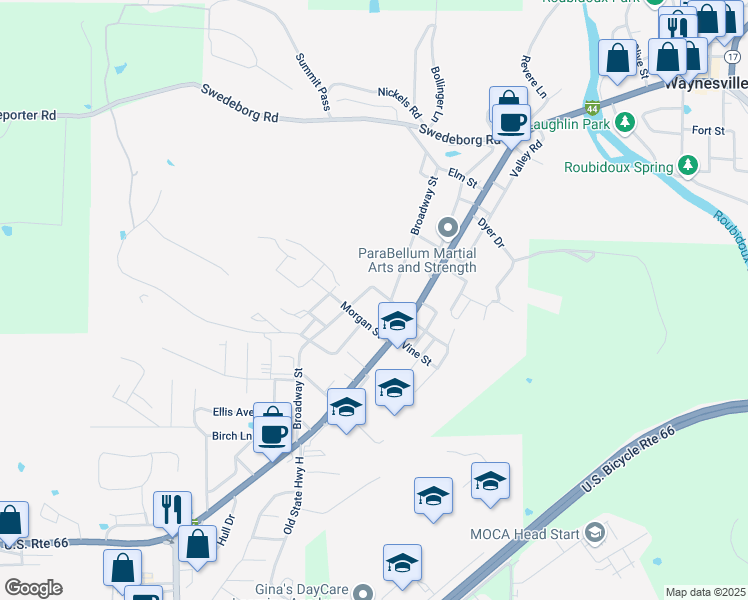 map of restaurants, bars, coffee shops, grocery stores, and more near 801 Broadway Street in Waynesville