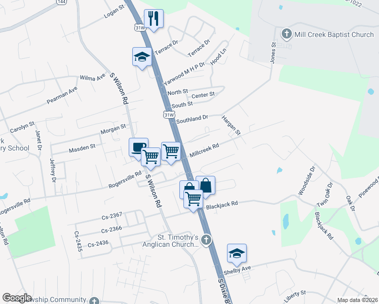 map of restaurants, bars, coffee shops, grocery stores, and more near 317 Millcreek Road in Radcliff
