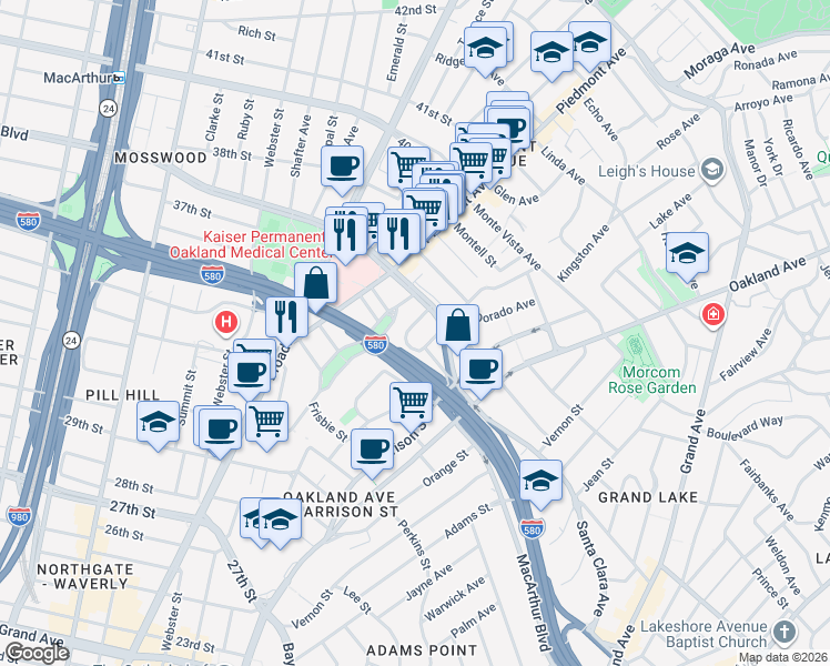 map of restaurants, bars, coffee shops, grocery stores, and more near 3532 Kempton Way in Oakland