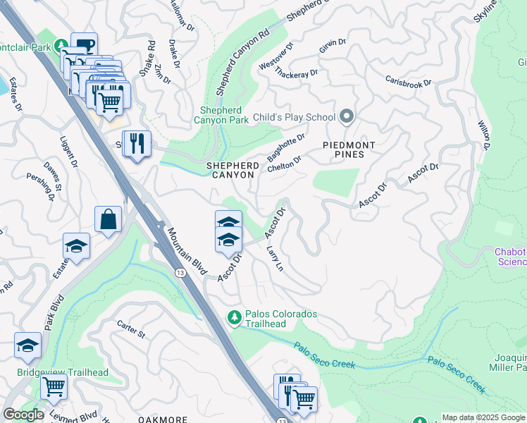 map of restaurants, bars, coffee shops, grocery stores, and more near 5690 Chelton Drive in Oakland