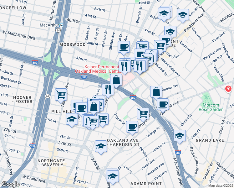 map of restaurants, bars, coffee shops, grocery stores, and more near 31 Croxton Avenue in Oakland