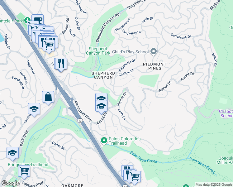 map of restaurants, bars, coffee shops, grocery stores, and more near 5690 Chelton Drive in Oakland