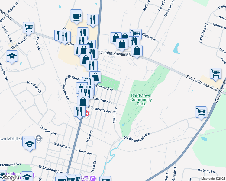 map of restaurants, bars, coffee shops, grocery stores, and more near 731 Pulliam Avenue in Bardstown