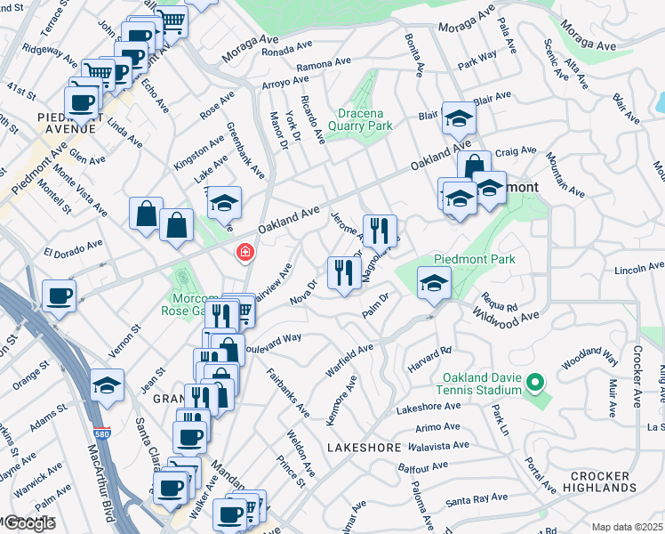 map of restaurants, bars, coffee shops, grocery stores, and more near 105 Arbor Drive in Piedmont