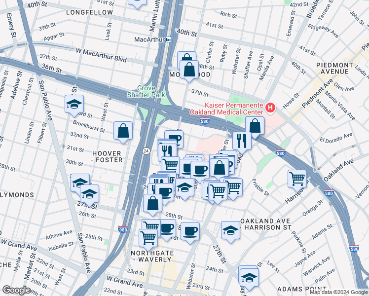 map of restaurants, bars, coffee shops, grocery stores, and more near 3229 Elm Street in Oakland