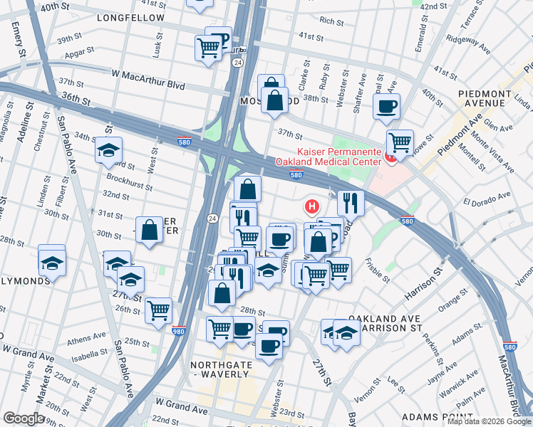 map of restaurants, bars, coffee shops, grocery stores, and more near 3229 Elm Street in Oakland