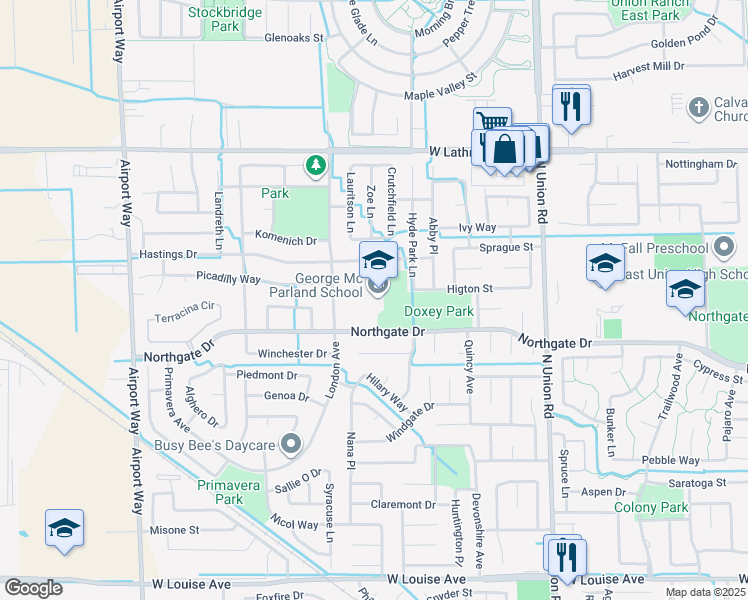 map of restaurants, bars, coffee shops, grocery stores, and more near 1601 Northgate Drive in Manteca