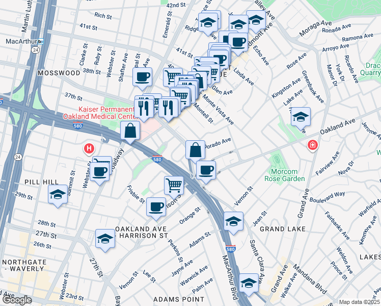 map of restaurants, bars, coffee shops, grocery stores, and more near 5 MacArthur Boulevard in Oakland