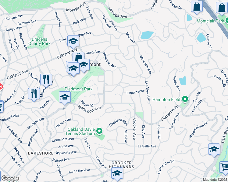 map of restaurants, bars, coffee shops, grocery stores, and more near 126 Caperton Avenue in Piedmont