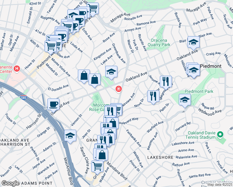 map of restaurants, bars, coffee shops, grocery stores, and more near 1339 Grand Avenue in Piedmont