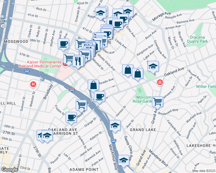 map of restaurants, bars, coffee shops, grocery stores, and more near 3806 Harrison Street in Oakland