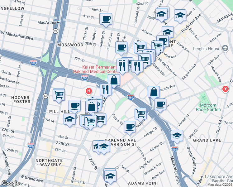 map of restaurants, bars, coffee shops, grocery stores, and more near 31 Croxton Avenue in Oakland