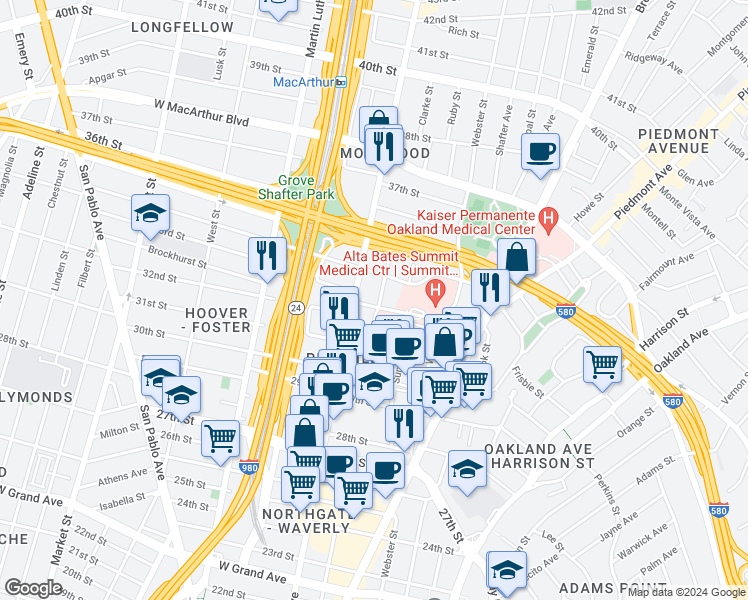 map of restaurants, bars, coffee shops, grocery stores, and more near 350 Hawthorne Avenue in Oakland